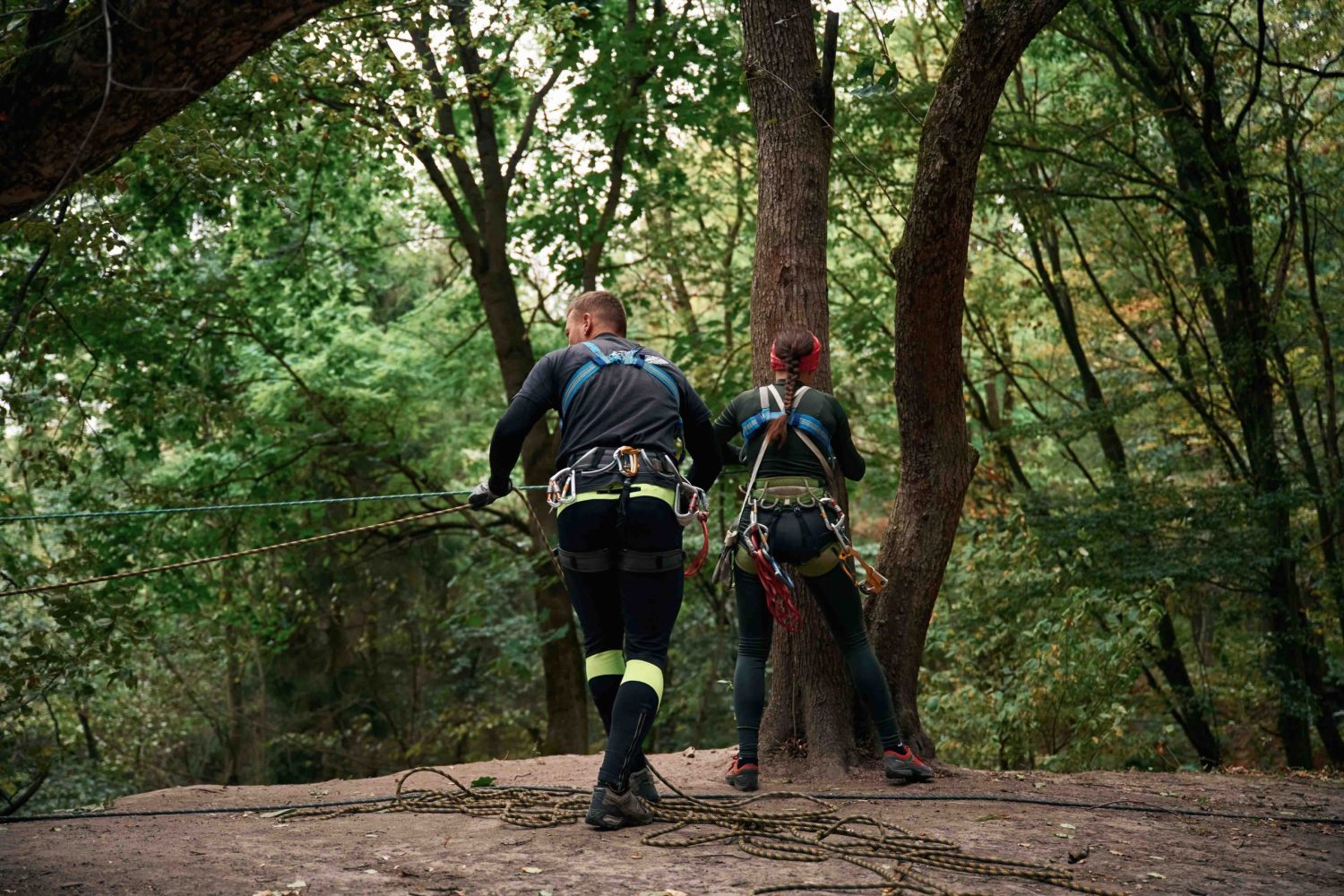 In the forest. Man and woman doing climbing with use of safety equipment.